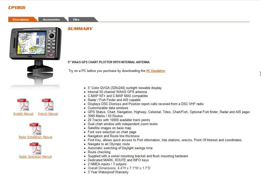 Standard Horizon CP180i Chartplotter with CMap card 500 Bloodydecks
